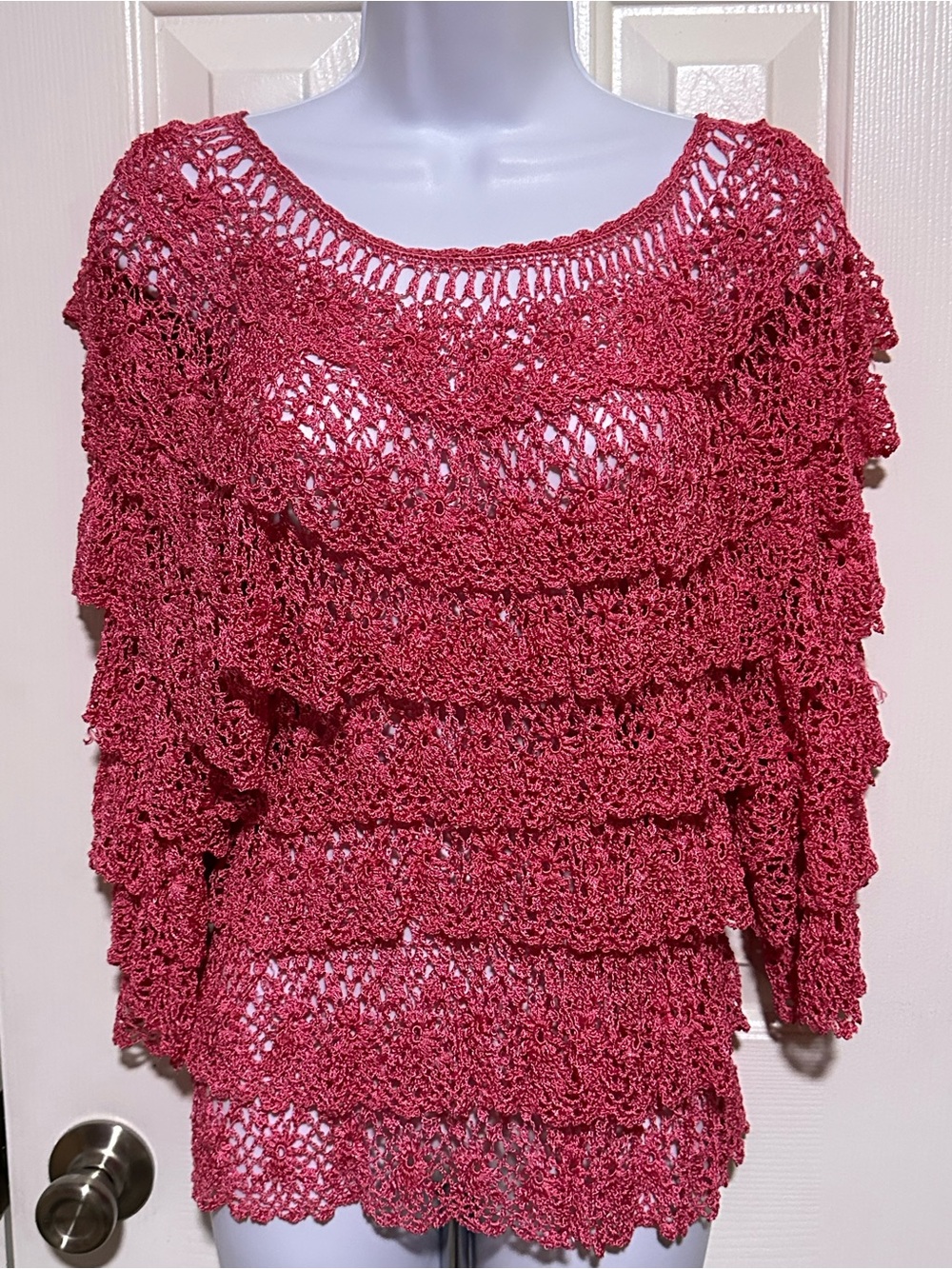 Sexy Open-Knit Layered Ruffle Scoop Neck Sweater - Rose